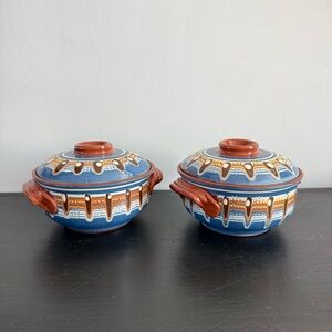 Vintage Bulgarian Redware Clay Pot Lid Traditional Folk Art Pottery Hand Painted